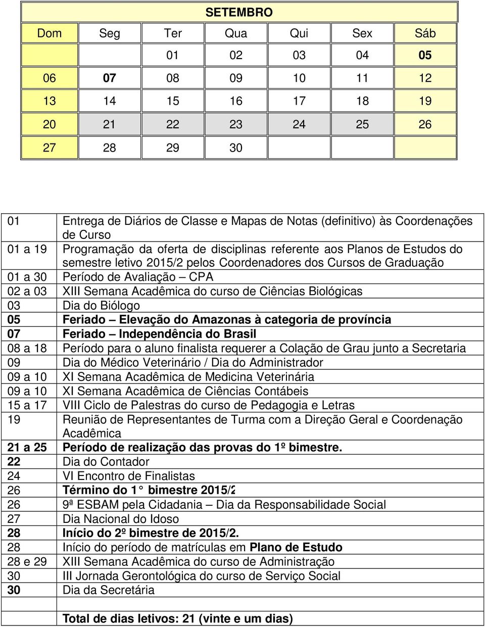 Acadêmica do curso de Ciências Biológicas 03 Dia do Biólogo 05 Feriado Elevação do Amazonas à categoria de província 07 Feriado Independência do Brasil 08 a 18 Período para o aluno finalista requerer