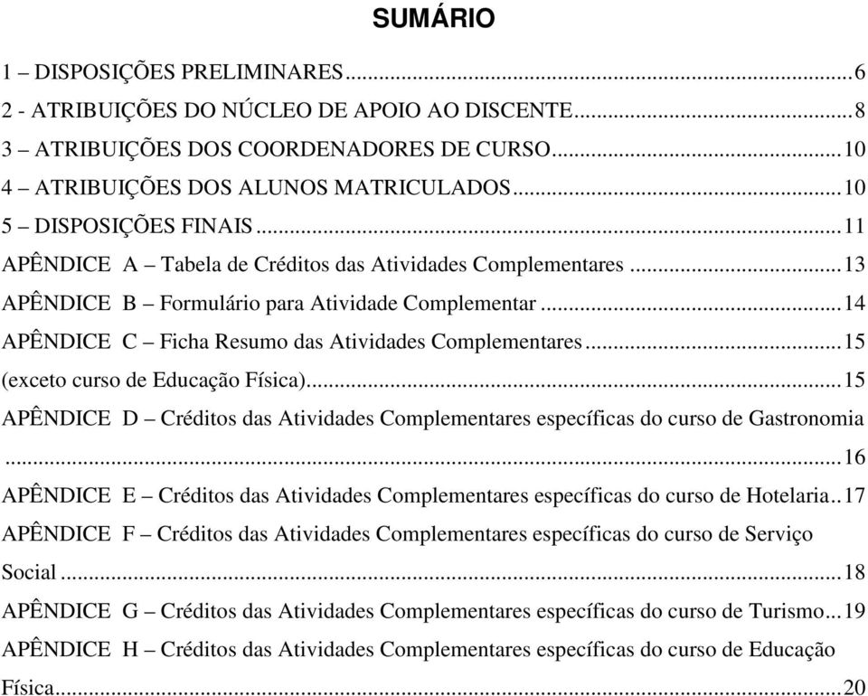 .. 15 (exceto curso de ducação Física)... 15 APÊNDIC D Créditos das Atividades Complementares específicas do curso de Gastronomia.