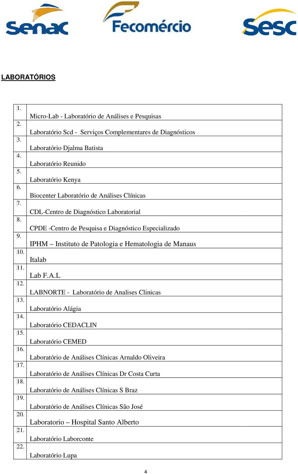 Análises Clínicas CDL-Centro Centro de Diagnóstico Laboratorial CPDE -Centro de Pesquisa e Diagnóstico Especializado IPHM Instituto de Patologia e Hematologia de Manaus Italab Lab F.A.L LABNORTE -