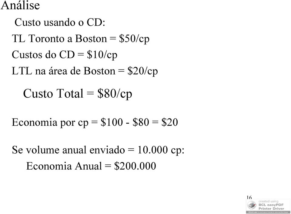 Custo Total = $80/cp Economia por cp = $100 - $80 = $20