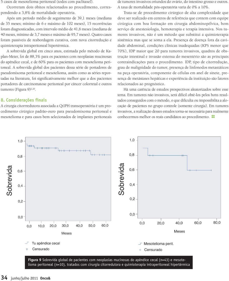 meses, mínimo de 3,7 meses e máximo de 95,7 meses). Quatro casos foram passíveis de reabordagem curativa, com nova citorredução e quimioterapia intraperitoneal hipertérmica.