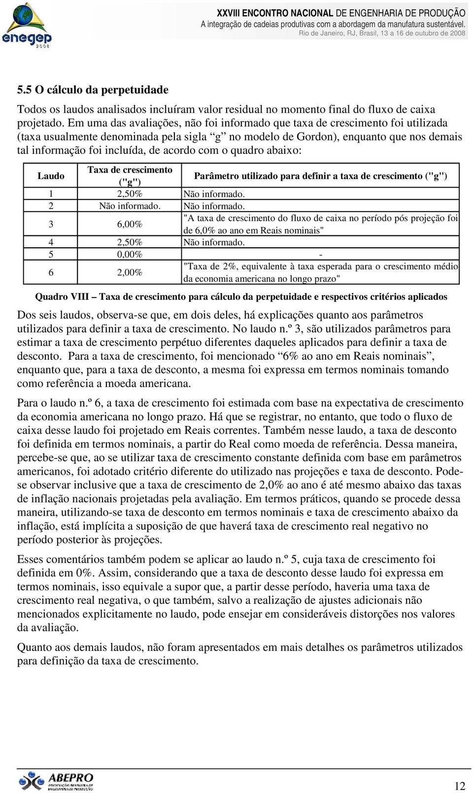 acordo com o quadro abaixo: Laudo Taxa de crescimento ("g") Parâmetro utilizado para definir a taxa de crescimento ("g") 1 2,50% Não informado.