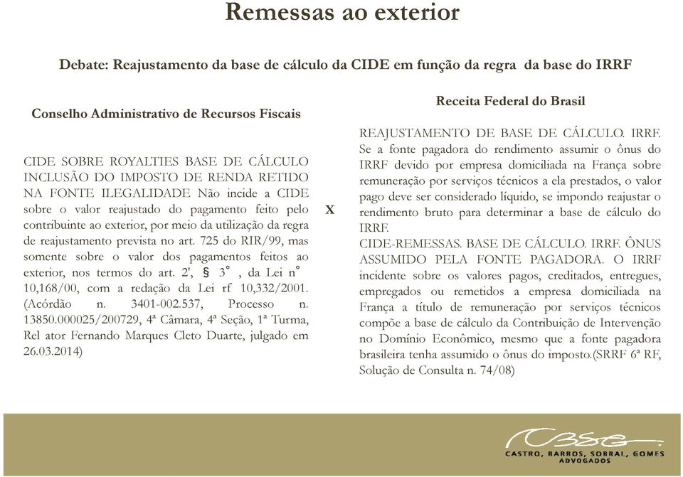 725 do RIR/99, mas somente sobre o valor dos pagamentos feitos ao exterior, nos termos do art. 2', 3, dalein 10,168/00, com a redação da Lei rf 10,332/2001. (Acórdão n. 3401-002.537, Processo n.