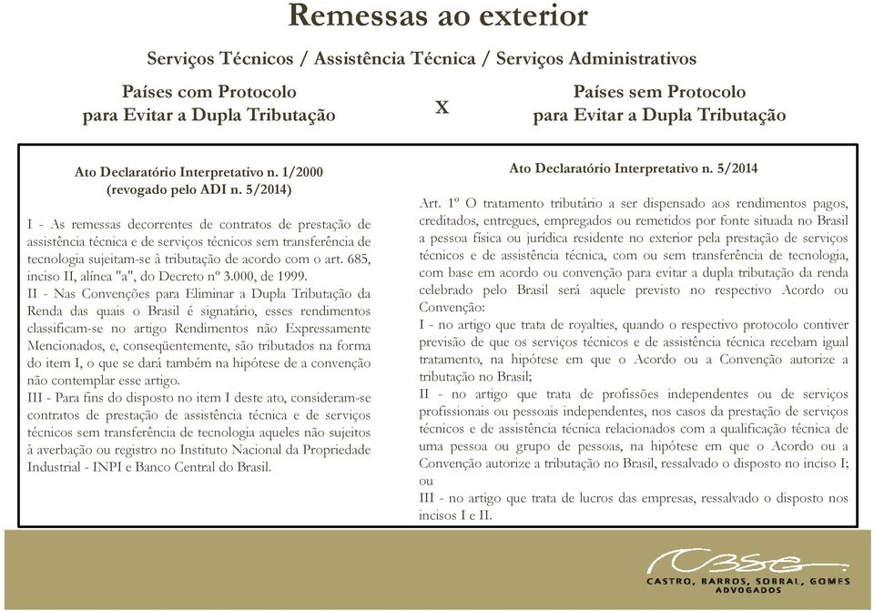 5/2014) I - As remessas decorrentes de contratos de prestação de assistência técnica e de serviços técnicos sem transferência de tecnologia sujeitam-se à tributação de acordo com o art.