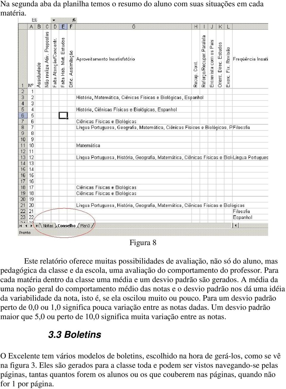 Para cada matéria dentro da classe uma média e um desvio padrão são gerados.