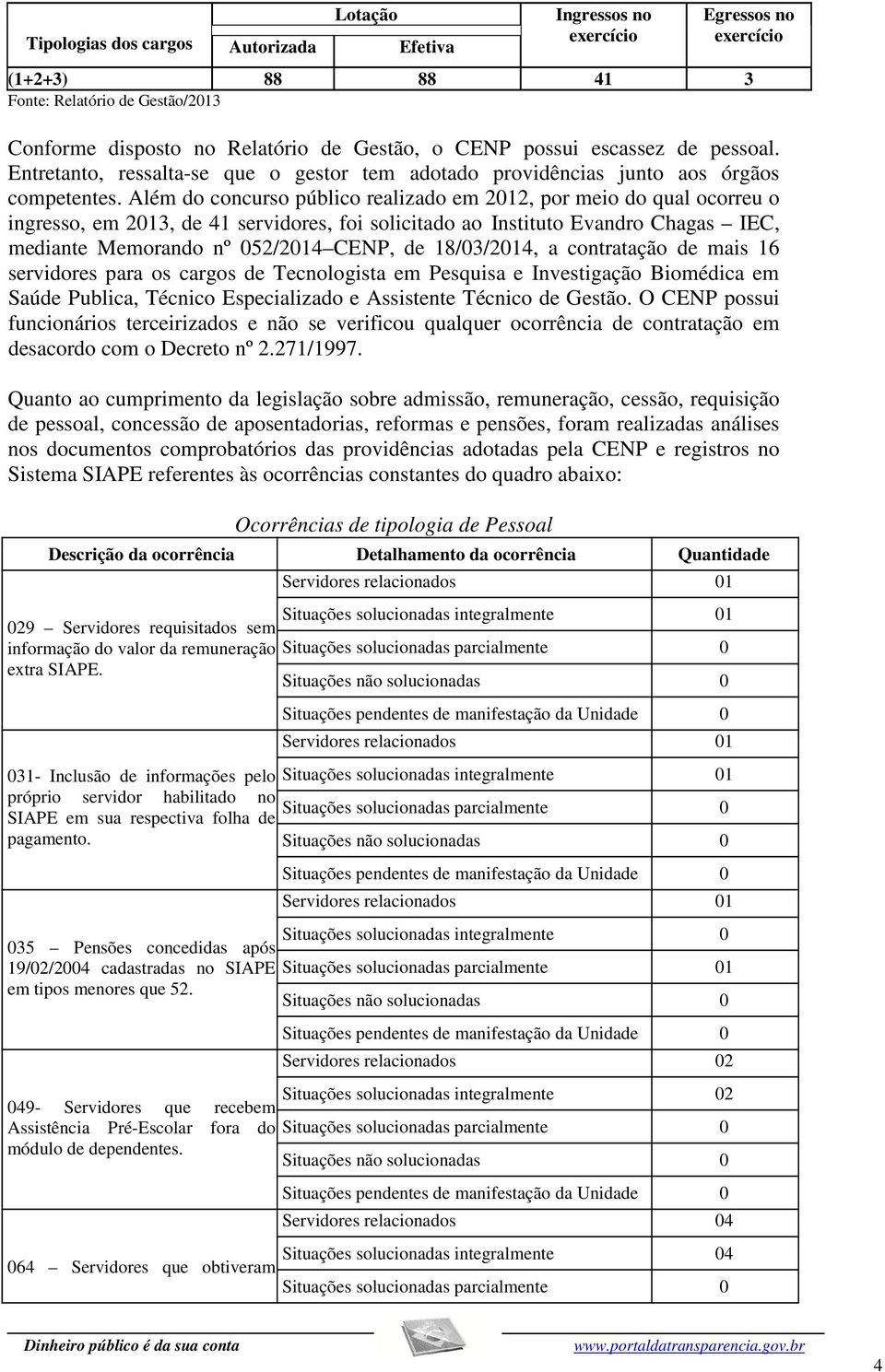 Além do concurso público realizado em 2012, por meio do qual ocorreu o ingresso, em 2013, de 41 servidores, foi solicitado ao Instituto Evandro Chagas IEC, mediante Memorando nº 052/2014 CENP, de