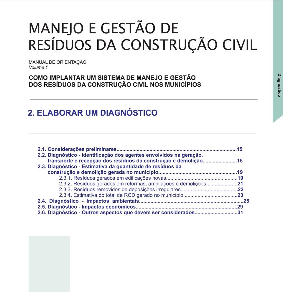 .. 21 2.3.3. Resíduos removidos de deposições irregulares....22 2.3.4. Estimativa do total de RCD gerado no município... 23 2.4. Diagnóstico - Impactos ambientais...25 