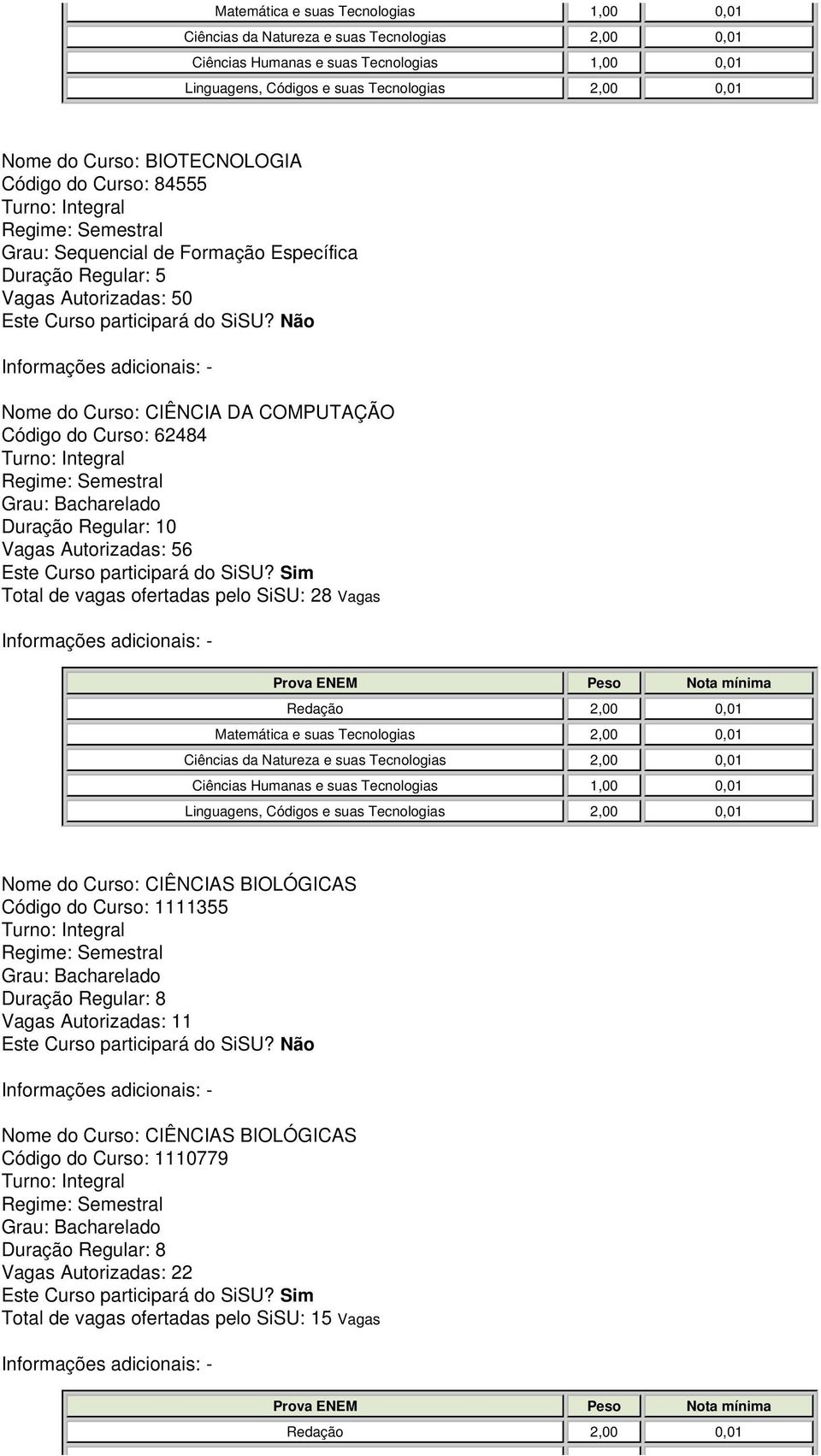 SiSU: 28 Vagas Nome do Curso: CIÊNCIAS BIOLÓGICAS Código do Curso: 1111355 Vagas Autorizadas: 11 Nome do Curso: