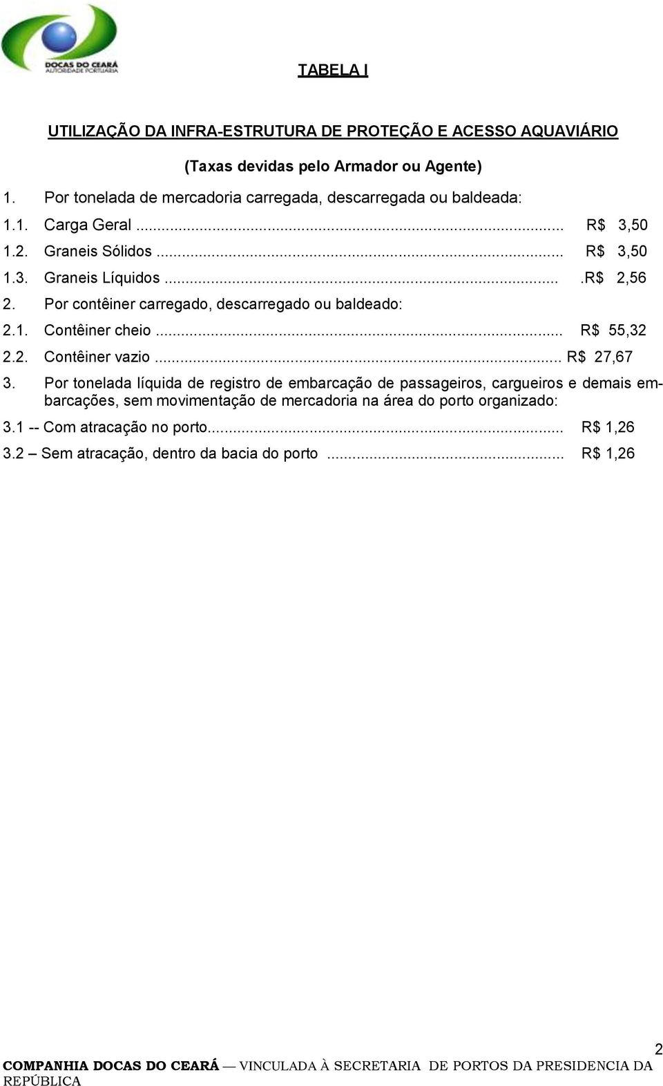 Por contêiner carregado, descarregado ou baldeado: 2.1. Contêiner cheio... R$ 55,32 2.2. Contêiner vazio... R$ 27,67 3.