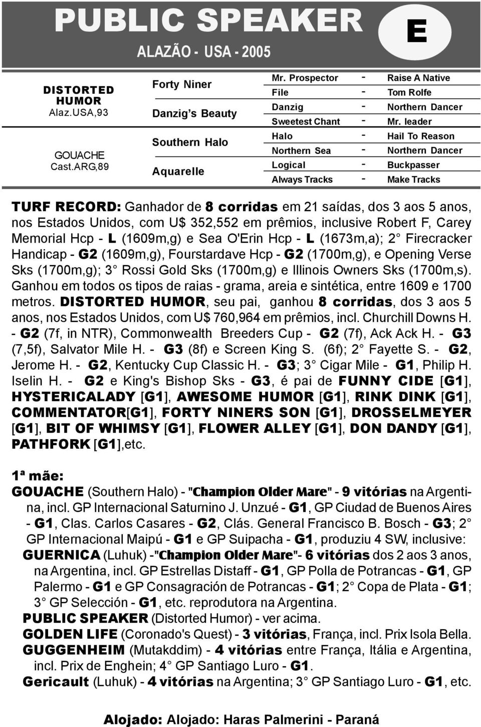 leader Hail To Reason Northern Dancer Buckpasser Make Tracks TURF RECORD: Ganhador de 8 corridas em 21 saídas, dos 3 aos 5 anos, nos Estados Unidos, com U$ 352,552 em prêmios, inclusive Robert F,