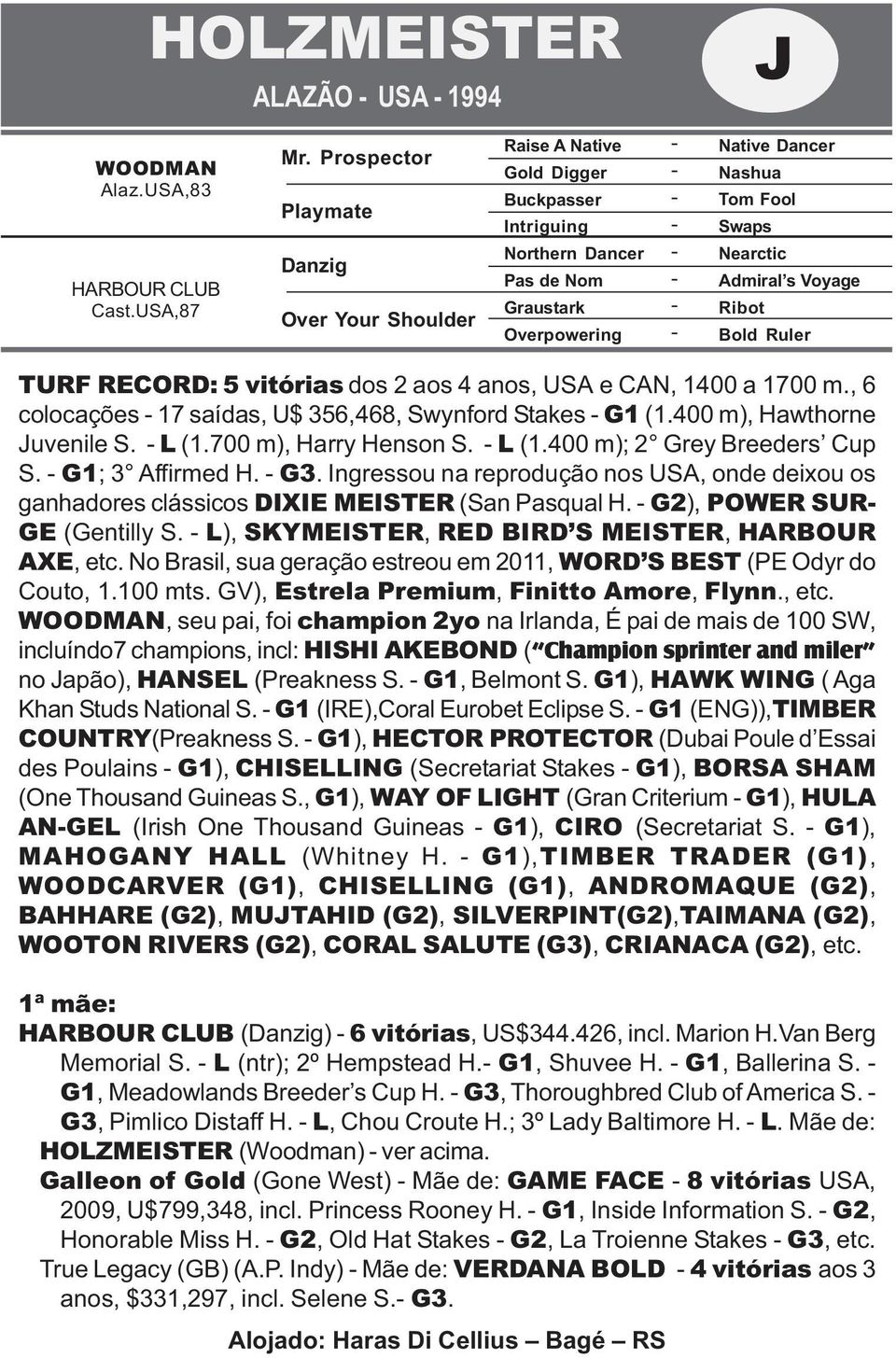 Voyage Ribot Bold Ruler TURF RECORD: 5 vitórias dos 2 aos 4 anos, USA e CAN, 1400 a 1700 m., 6 colocações 17 saídas, U$ 356,468, Swynford Stakes G1 (1.400 m), Hawthorne Juvenile S. L (1.