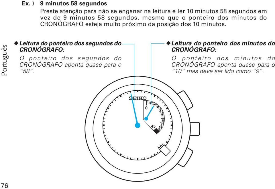 Leitura do ponteiro dos segundos do CRONÓGRAFO: O ponteiro dos segundos do CRONÓGRAFO aponta quase para o 58.