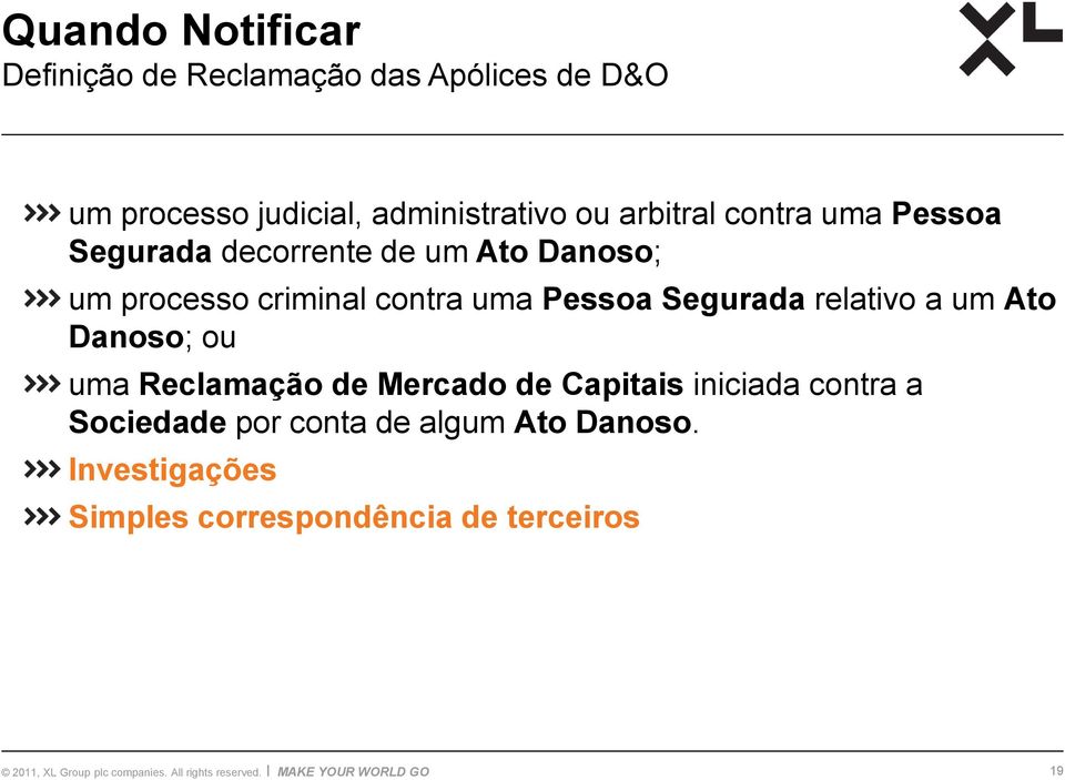 uma Pessoa Segurada relativo a um Ato Danoso; ou uma Reclamação de Mercado de Capitais iniciada