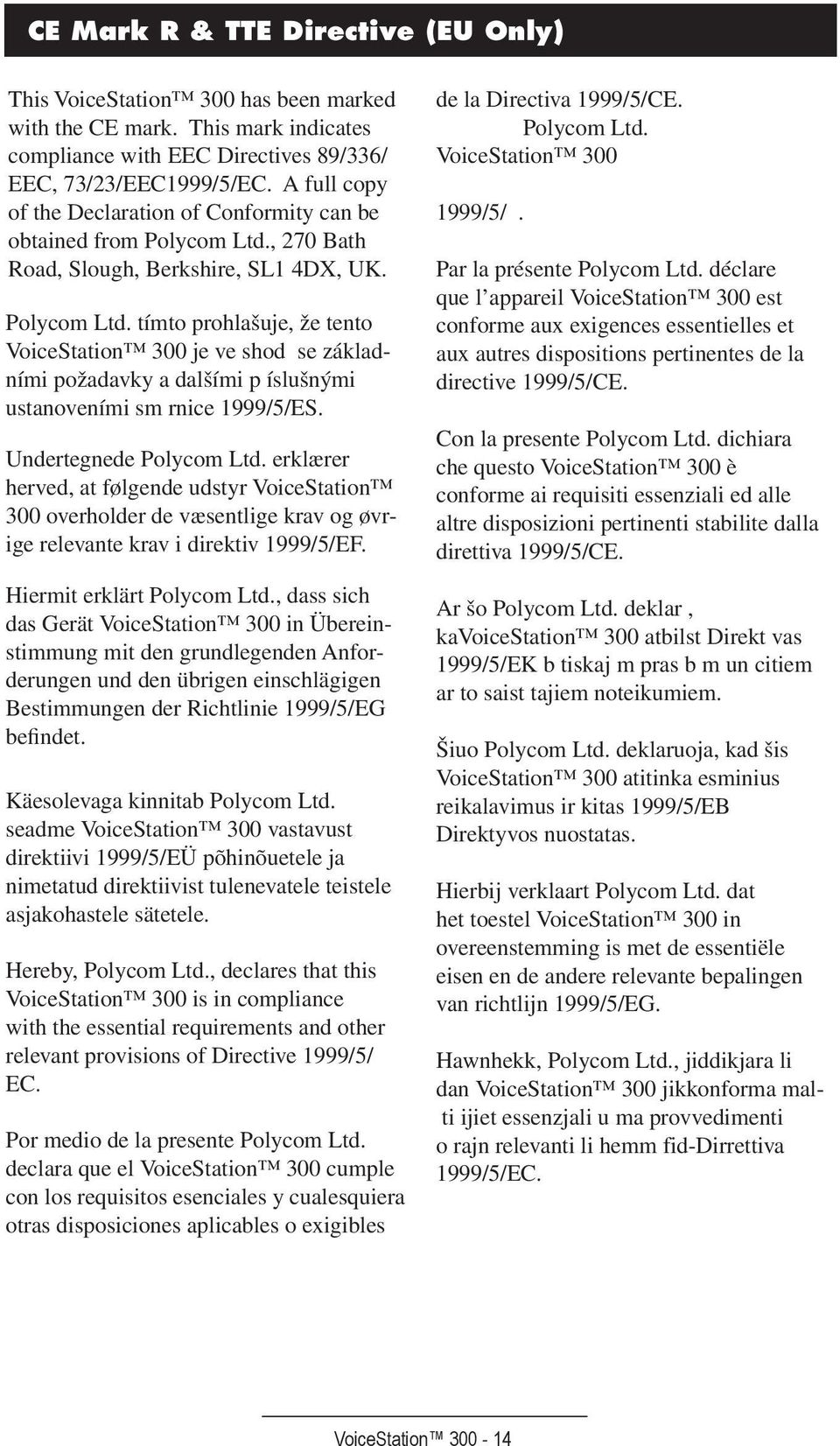 , 270 Bath Road, Slough, Berkshire, SL1 4DX, UK. Polycom Ltd. tímto prohlašuje, že tento VoiceStation 300 je ve shod se základními požadavky a dalšími p íslušnými ustanoveními sm rnice 1999/5/ES.