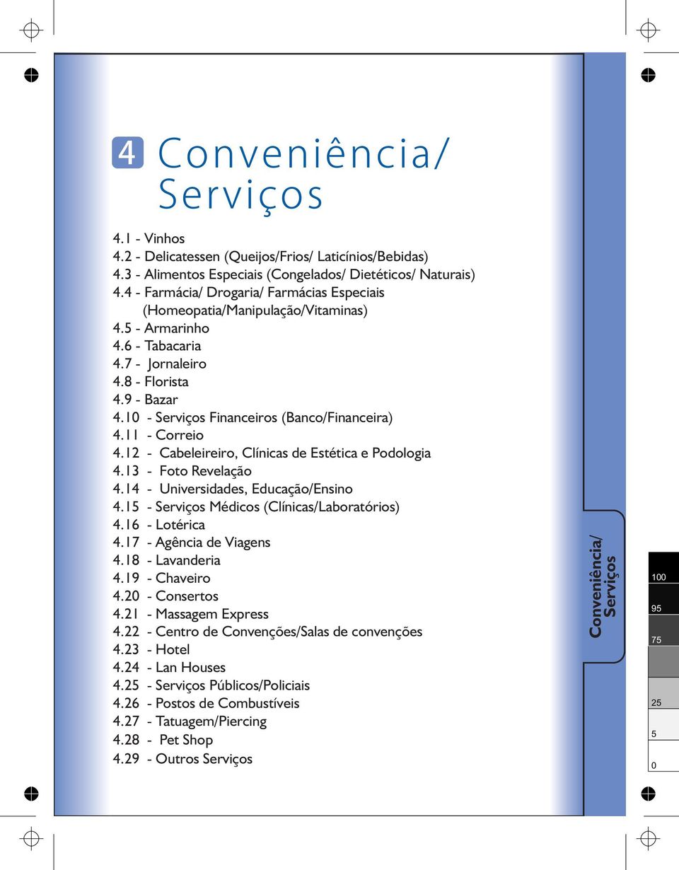 1 - Serviços Financeiros (Banco/Financeira) 4.11 - Correio 4.1 - Cabeleireiro, Clínicas de Estética e Podologia 4.13 - Foto Revelação 4.14 - Universidades, Educação/Ensino 4.