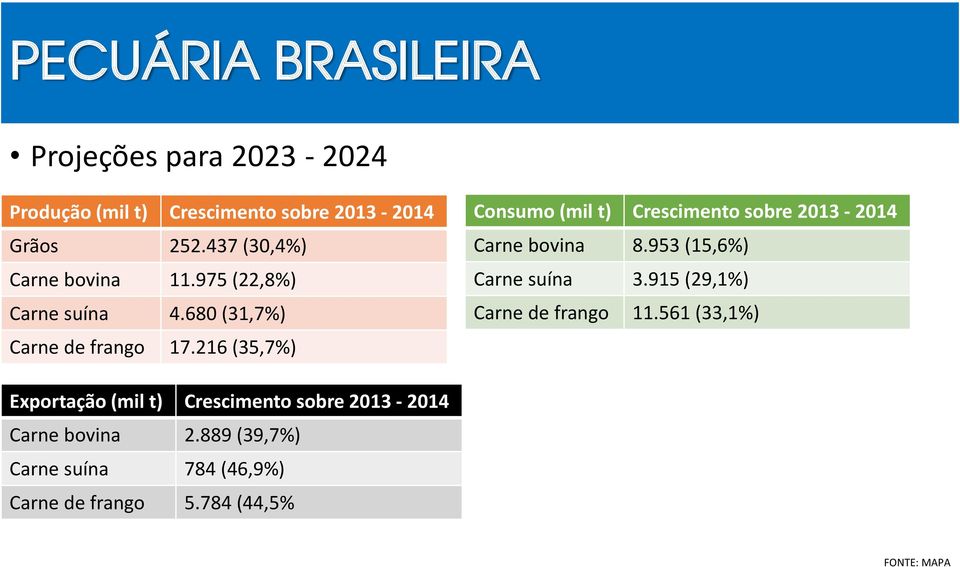 216 (35,7%) Consumo (mil t) Crescimento sobre 2013-2014 Carne bovina 8.953 (15,6%) Carne suína 3.