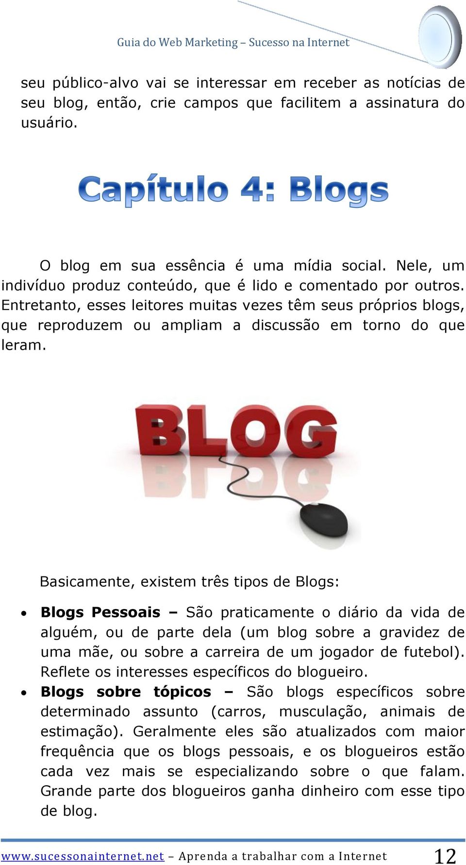 Basicamente, existem três tipos de Blogs: Blogs Pessoais São praticamente o diário da vida de alguém, ou de parte dela (um blog sobre a gravidez de uma mãe, ou sobre a carreira de um jogador de