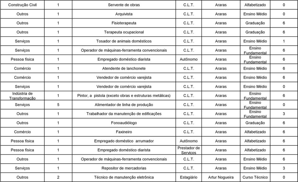 L.T. Araras Médio 1 Vendedor de comércio varejista C.L.T. Araras Médio 1 Pintor, a pistola (exceto obras e estruturas metálicas) C.L.T. Araras 5 Alimentador de linha de produção C.L.T. Araras Outros 1 Trabalhador da manutenção de edificações C.