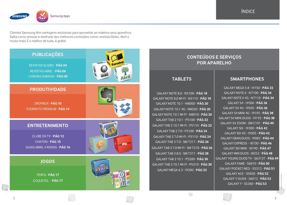 PUBLICAÇÕES REVISTAS GLOBO - PÁG 04 REVISTAS ABRIL - PÁG 06 LIVRARIA SARAIVA - PÁG 08 TABLETS CONTEÚDOS E SERVIÇOS SMARTPHONES PRODUTIVIDADE DROPBOX - PÁG 10 EVERNOTE PREMIUM - PÁG 14 ENTRETENIMENTO