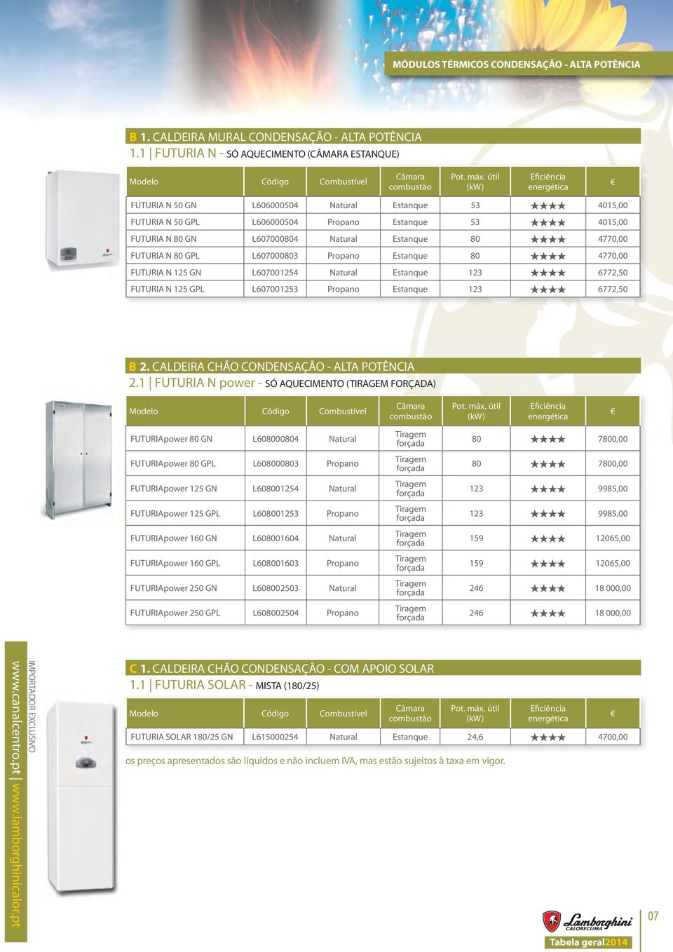 4015,00 FUTURIA N 80 GN L607000804 Natural Estanque 80 4770,00 FUTURIA N 80 GPL L607000803 Propano Estanque 80 4770,00 FUTURIA N 125 GN L607001254 Natural Estanque 123 6772,50 FUTURIA N 125 GPL