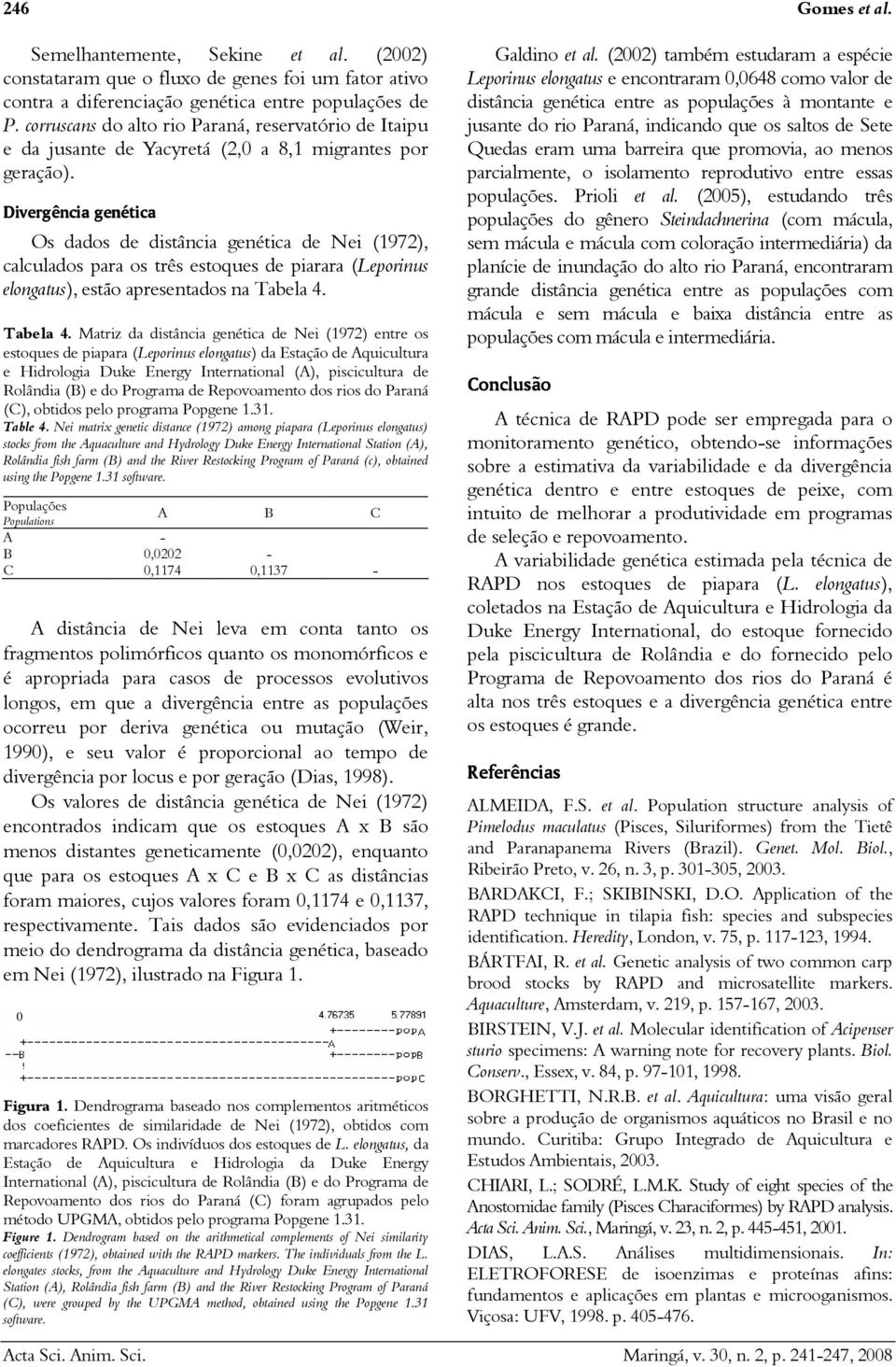 Divergência genética Os dados de distância genética de Nei (172), calculados para os três estoques de piarara (Leporinus elongatus), estão apresentados na Tabela 4.