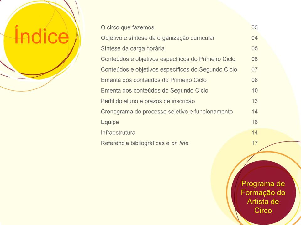 Primeiro Ciclo 08 Ementa dos conteúdos do Segundo Ciclo 10 Perfil do aluno e prazos de inscrição 13 Cronograma do processo