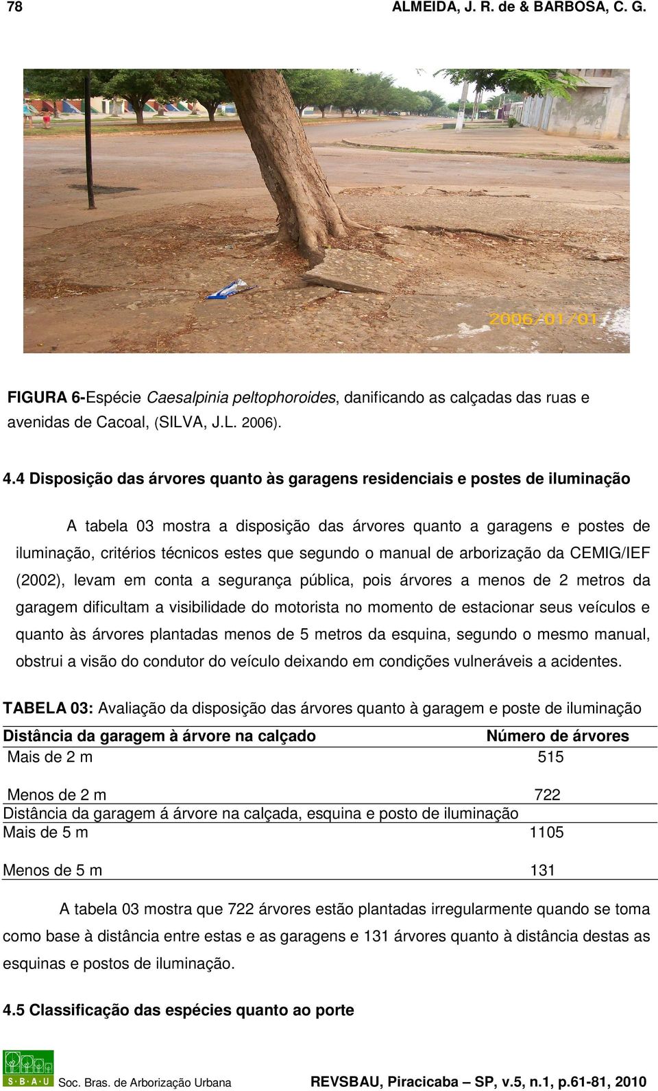 segundo o manual de arborização da CEMIG/IEF (00), levam em conta a segurança pública, pois árvores a menos de metros da garagem dificultam a visibilidade do motorista no momento de estacionar seus