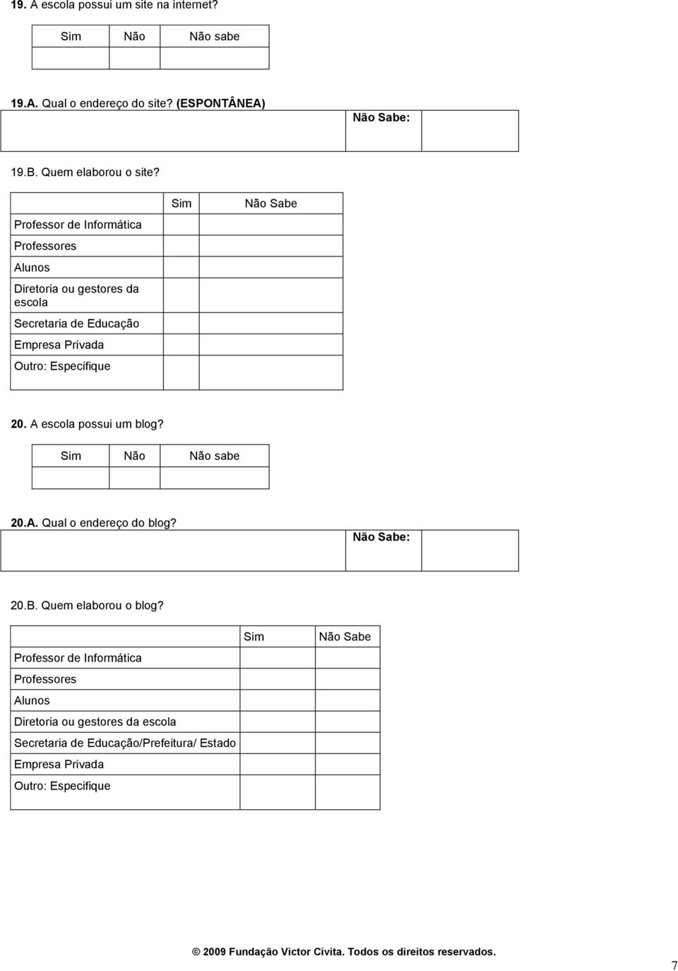 Especifique Sabe 20. A escola possui um blog? 20.A. Qual o endereço do blog? Sabe: 20.B. Quem elaborou o blog?