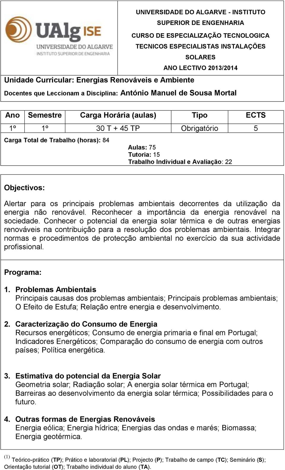 75 Tutoria: 15 Trabalho Individual e Avaliação: 22 Objectivos: Alertar para os principais problemas ambientais decorrentes da utilização da energia não renovável.