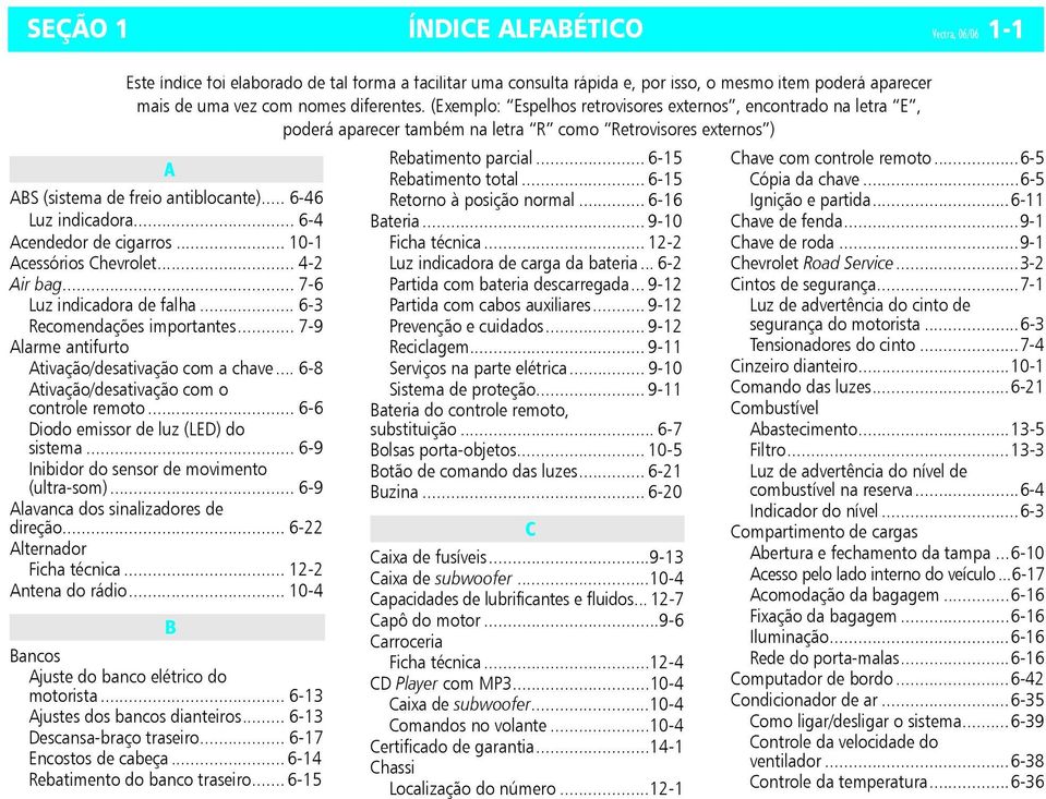 .. 6-4 Acendedor de cigarros... 10-1 Acessórios Chevrolet... 4-2 Air bag... 7-6 Luz indicadora de falha... 6-3 Recomendações importantes... 7-9 Alarme antifurto Ativação/desativação com a chave.