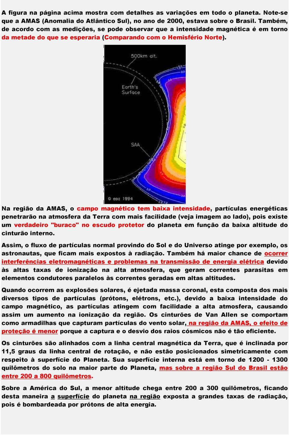 Na região da AMAS, o campo magnético tem baixa intensidade, partículas energéticas penetrarão na atmosfera da Terra com mais facilidade (veja imagem ao lado), pois existe um verdadeiro "buraco" no