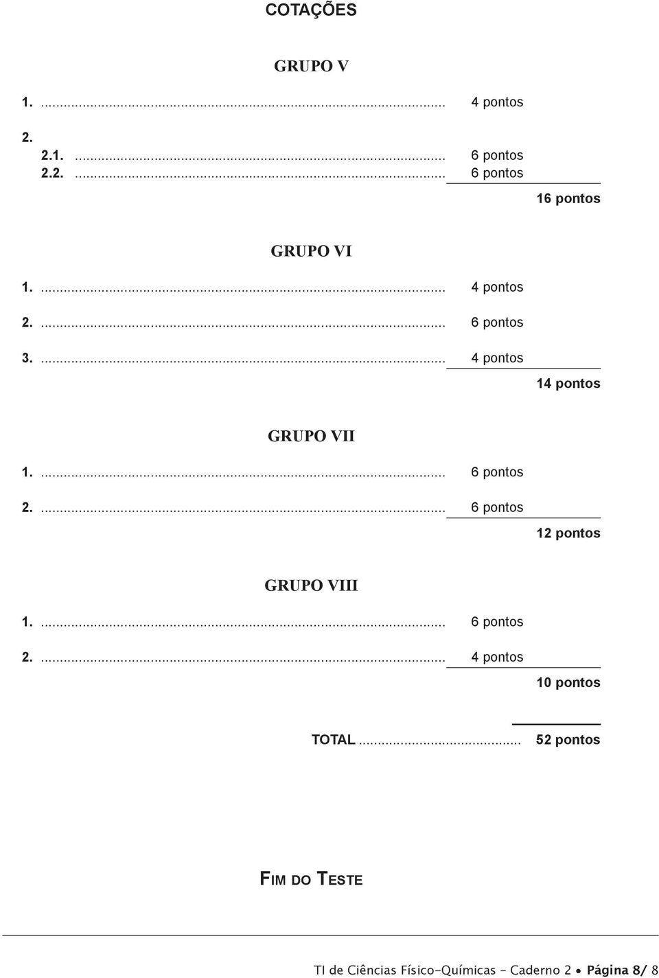 ... 6 pontos 12 pontos GRUPO VIII 1.... 6 pontos 2.... 4 pontos 10 pontos TOTAL.