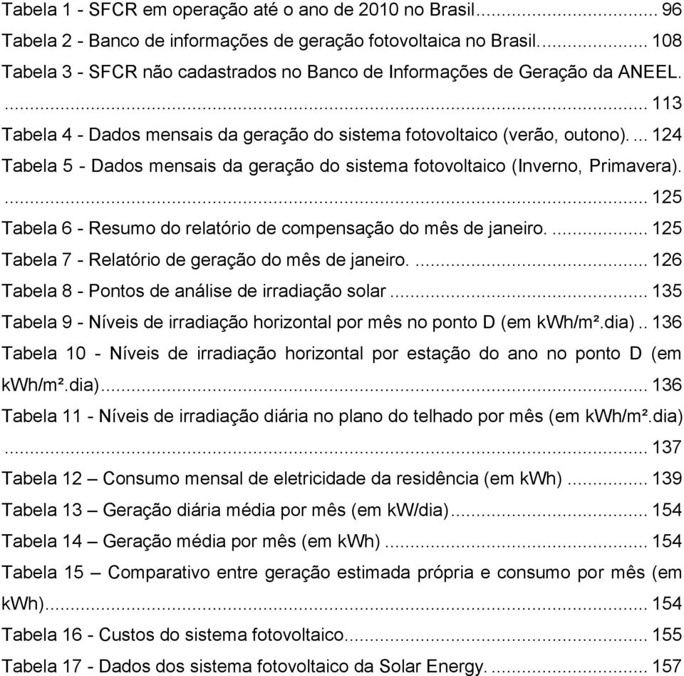 ... 124 Tabela 5 - Dados mensais da geração do sistema fotovoltaico (Inverno, Primavera).... 125 Tabela 6 - Resumo do relatório de compensação do mês de janeiro.