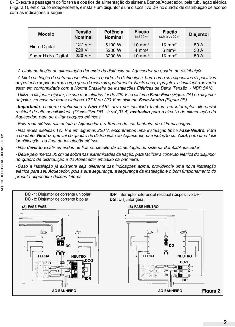 mm² 4 mm² 10 mm² Fiação (acima de 30 m) 16 mm² 6 mm² 16 mm² Disjuntor 50 A 30 A 50 A - A bitola da fiação de alimentação depende da distância do Aquecedor ao quadro de distribuição.