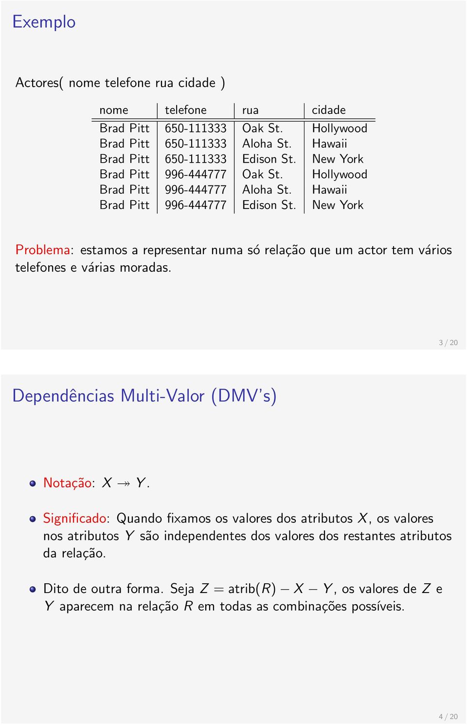 New York Problema: estamos a representar numa só relação que um actor tem vários telefones e várias moradas. 3 / 20 Dependências Multi-Valor (DMV s) Notação: X Y.