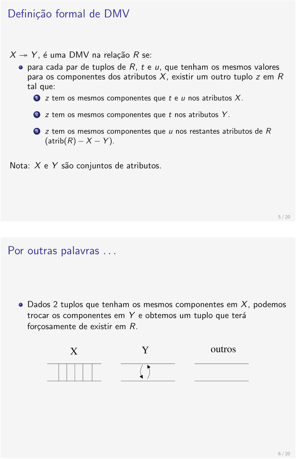 3 z tem os mesmos componentes que u nos restantes atributos de R (atrib(r) X Y ). Nota: X e Y são conjuntos de atributos. 5 / 20 Por outras palavras.