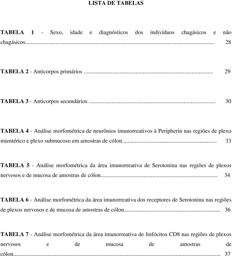 .. 33 TABELA 5 - Análise morfométrica da área imunorreativa de Serotonina nas regiões de plexos nervosos e de mucosa de amostras de cólon.