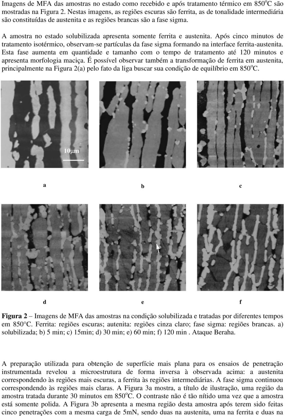 A amostra no estado solubilizada apresenta somente ferrita e austenita. Após cinco minutos de tratamento isotérmico, observam-se partículas da fase sigma formando na interface ferrita-austenita.