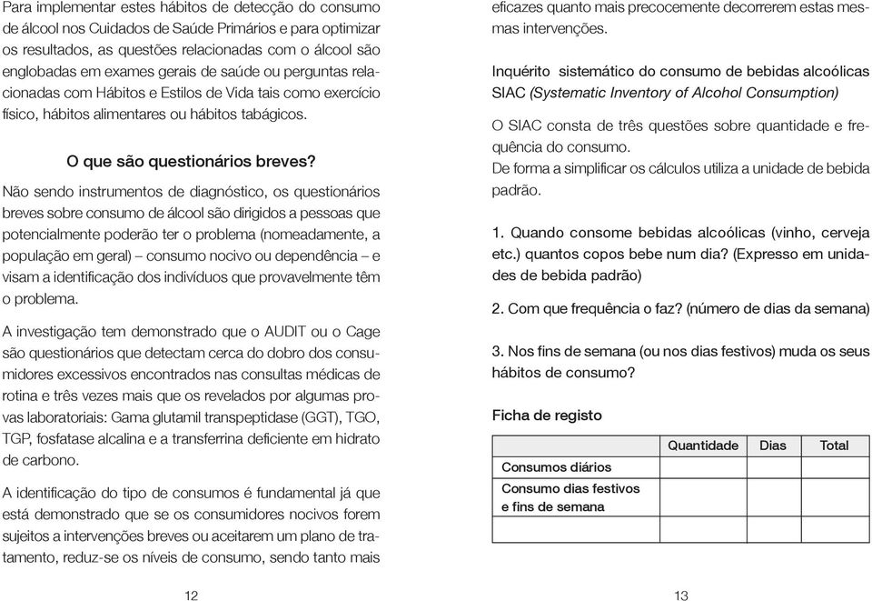 Não sendo instrumentos de diagnóstico, os questionários breves sobre consumo de álcool são dirigidos a pessoas que potencialmente poderão ter o problema (nomeadamente, a população em geral) consumo