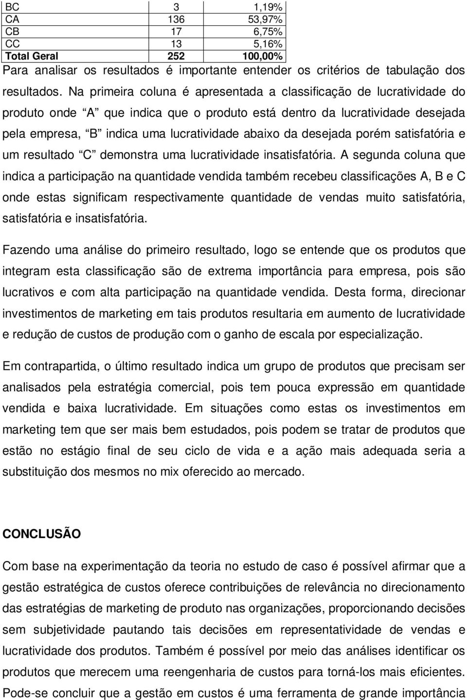 desejada porém satisfatória e um resultado C demonstra uma lucratividade insatisfatória.