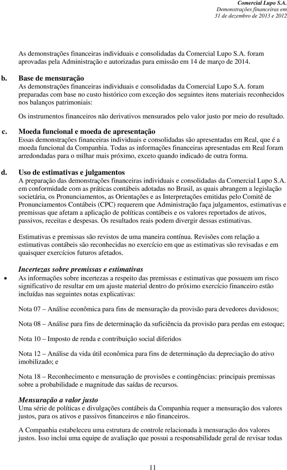 demonstrações financeiras individuais e consolidadas da Comercial Lupo S.A.