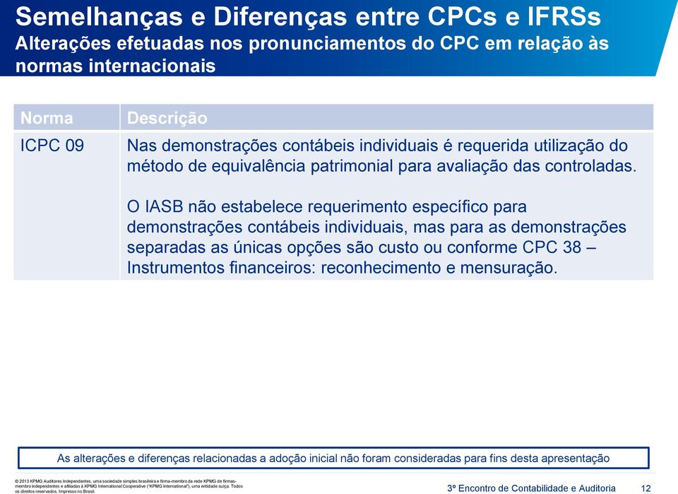 O IASB não estabelece requerimento específico para demonstrações contábeis individuais, mas para as demonstrações separadas as únicas opções são custo