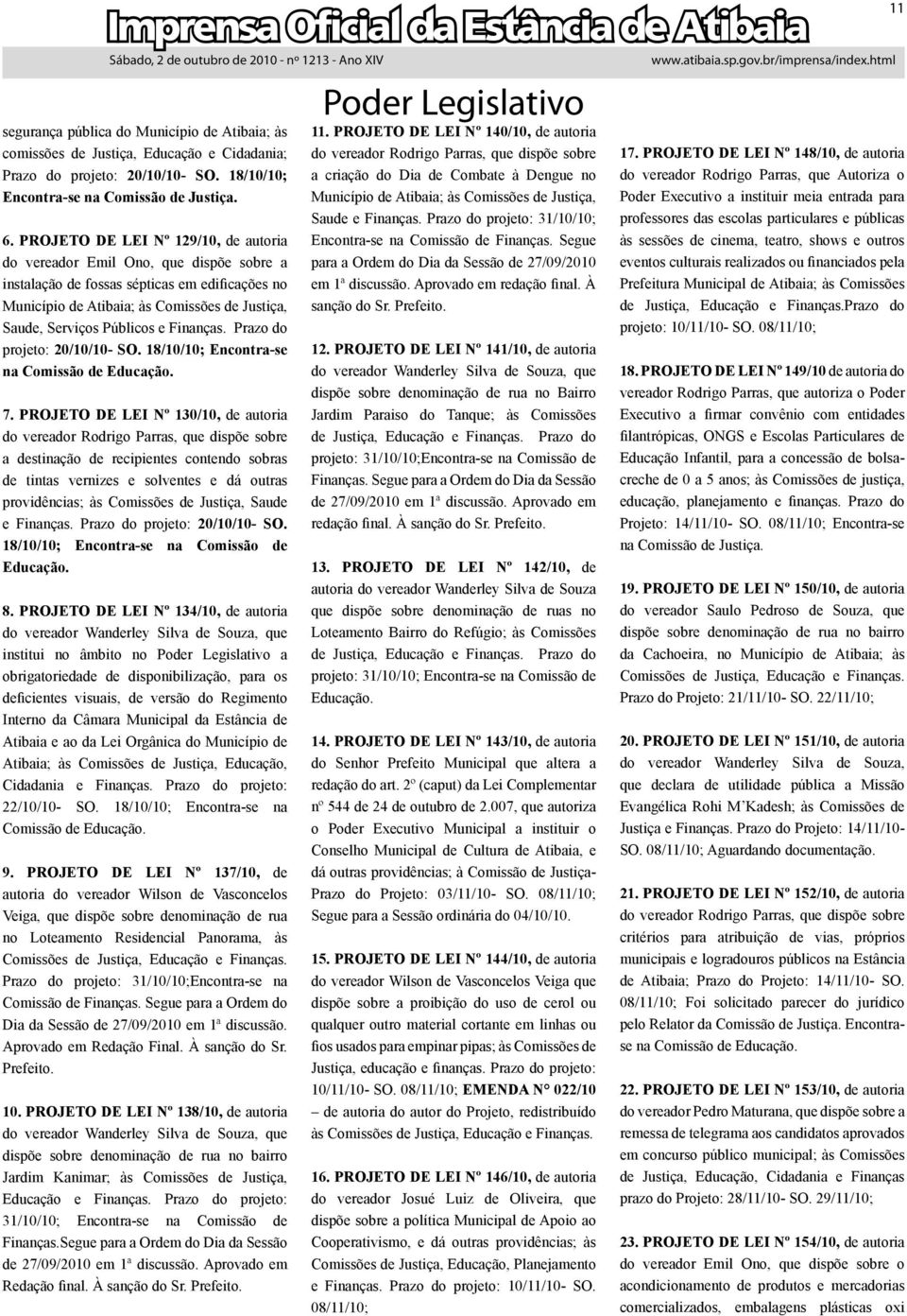 Finanças. Prazo do projeto: 20/10/10- SO. 18/10/10; ncontra-se na Comissão de ducação. 7.