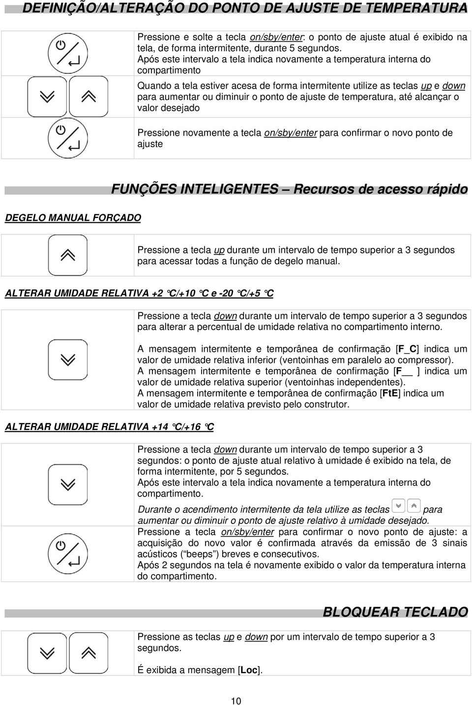 ajuste de temperatura, até alcançar o valor desejado Pressione novamente a tecla on/sby/enter para confirmar o novo ponto de ajuste DEGELO MANUAL FORÇADO FUNÇÕES INTELIGENTES Recursos de acesso