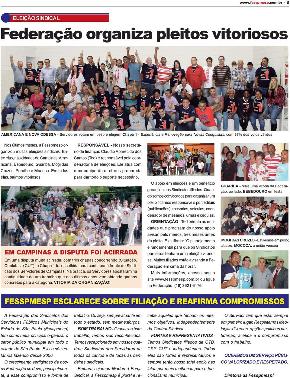 válidos Nos últimos meses, a Fesspmesp organizou muitas eleições sindicais. Entre elas, nas cidades de Campinas, Americana, Bebedouro, Guariba, Mogi das Cruzes, Peruíbe e Mococa.