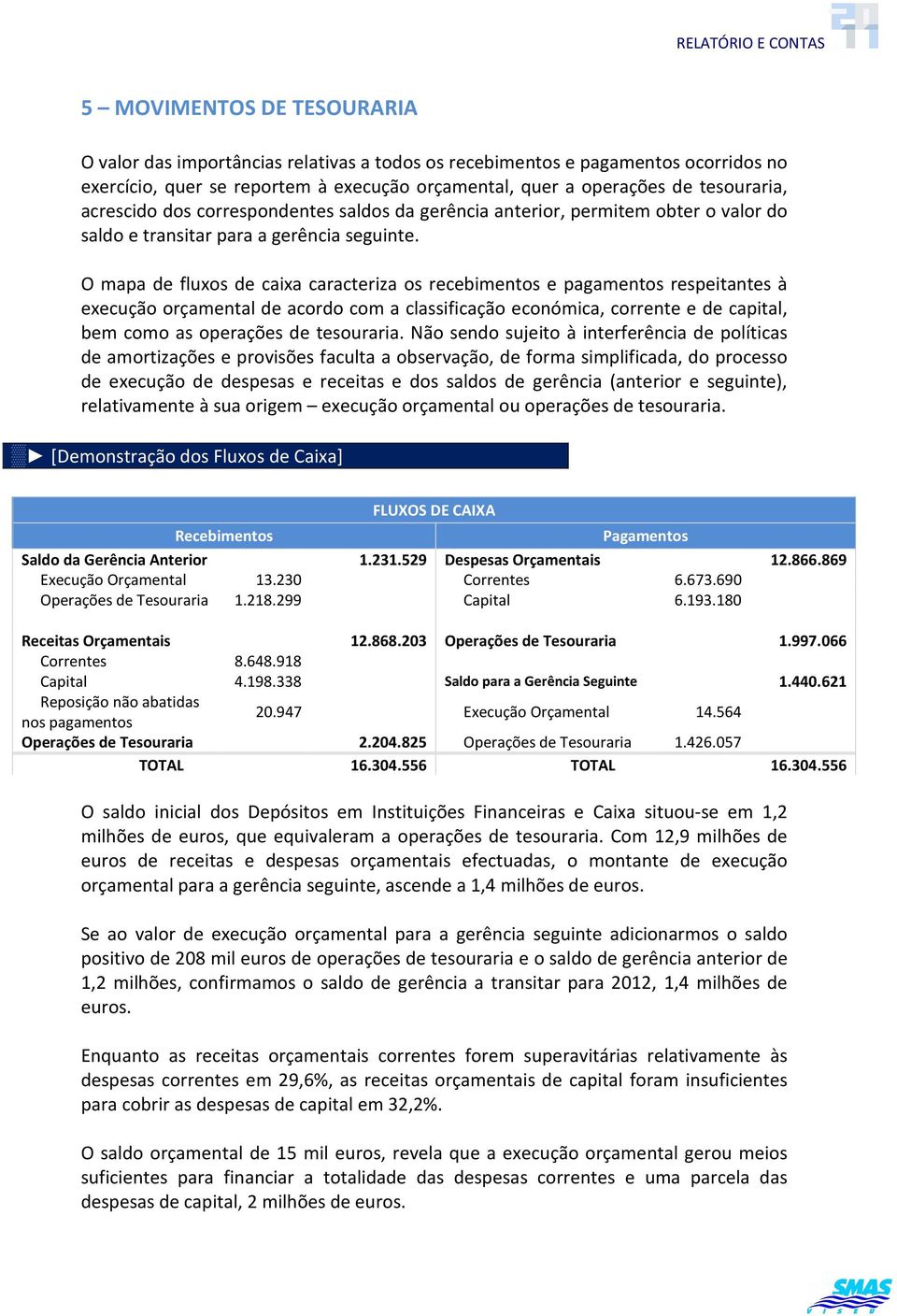 O mapa de fluxos de caixa caracteriza os recebimentos e pagamentos respeitantes à execução orçamental de acordo com a classificação económica, corrente e de capital, bem como as operações de