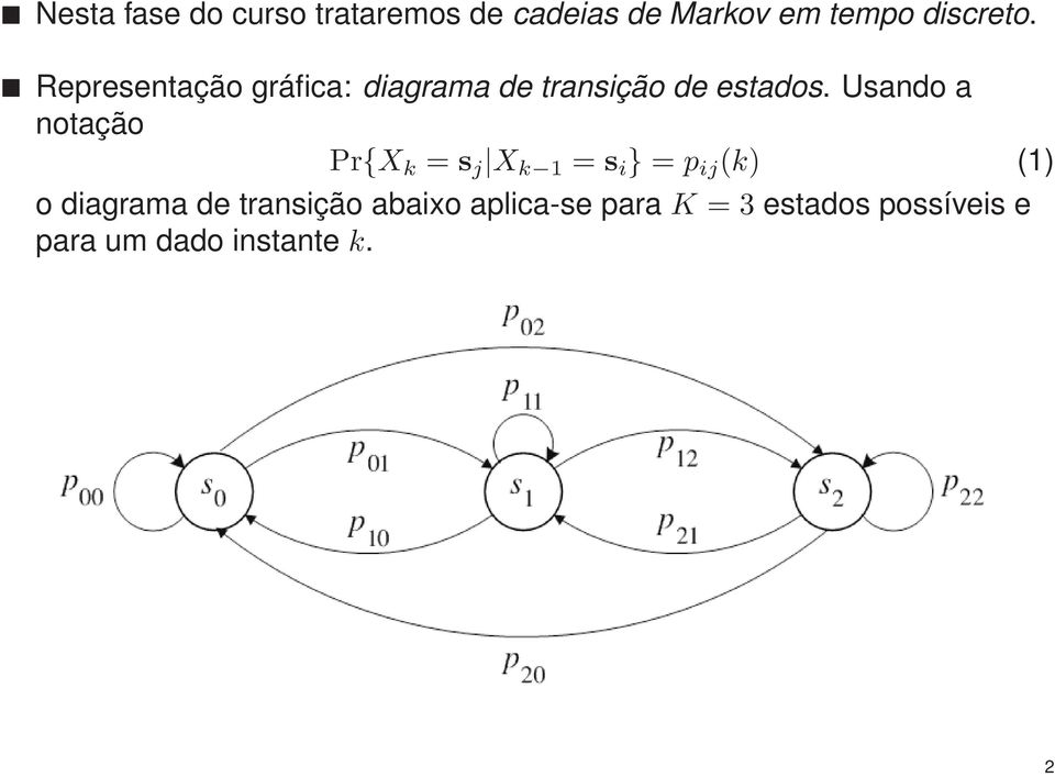 Usando a notação Pr{X k = s j X k 1 = s i } = p ij (k) (1) o diagrama