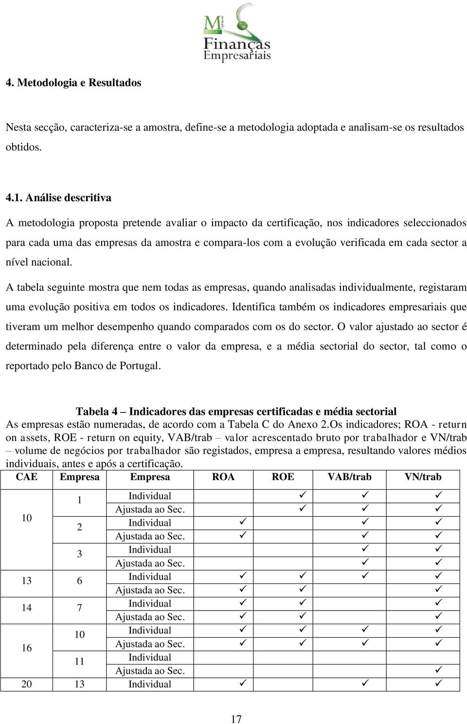 cada sector a nível nacional. A tabela seguinte mostra que nem todas as empresas, quando analisadas individualmente, registaram uma evolução positiva em todos os indicadores.