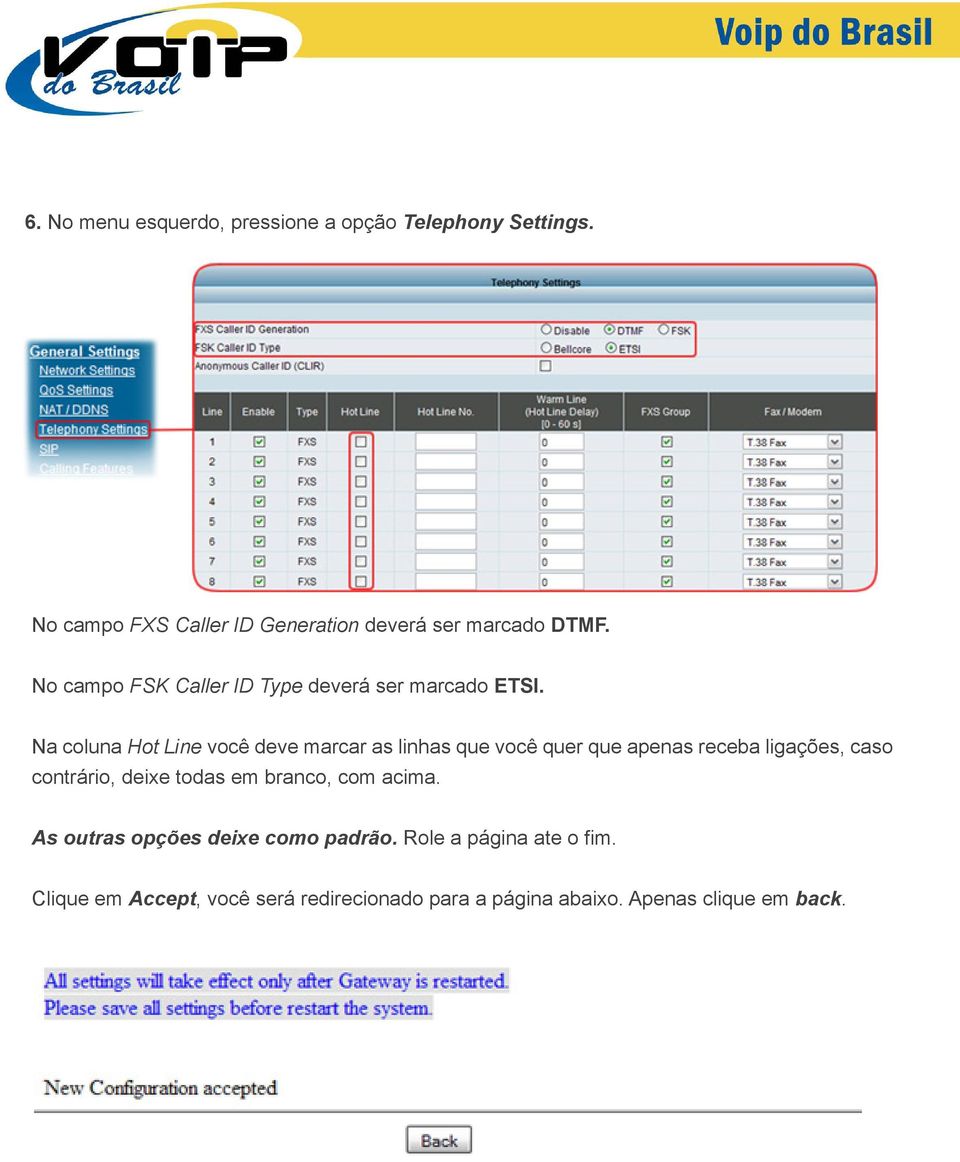 Na coluna Hot Line você deve marcar as linhas que você quer que apenas receba ligações, caso contrário, deixe