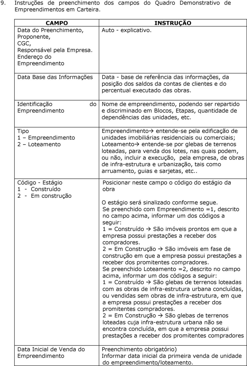 INSTRUÇÃO Data Base das Informações Data - base de referência das informações, da posição dos saldos da contas de clientes e do percentual executado das obras.